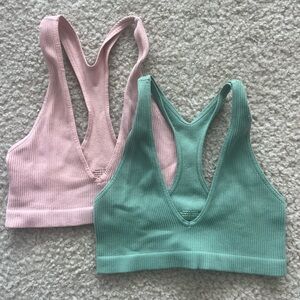 Pink and Green Ribbed Sports Bras